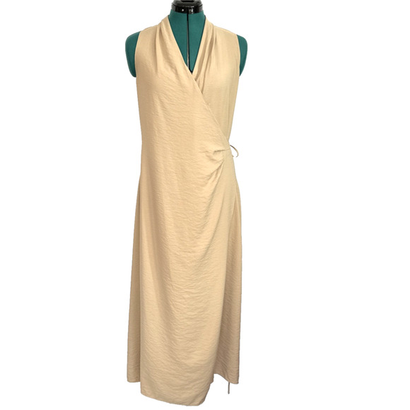 NWT Vince‎ Women's Draped Neck Midi Wrap Dress in Pale Wheat Sleeveless Medium - Picture 1 of 9
